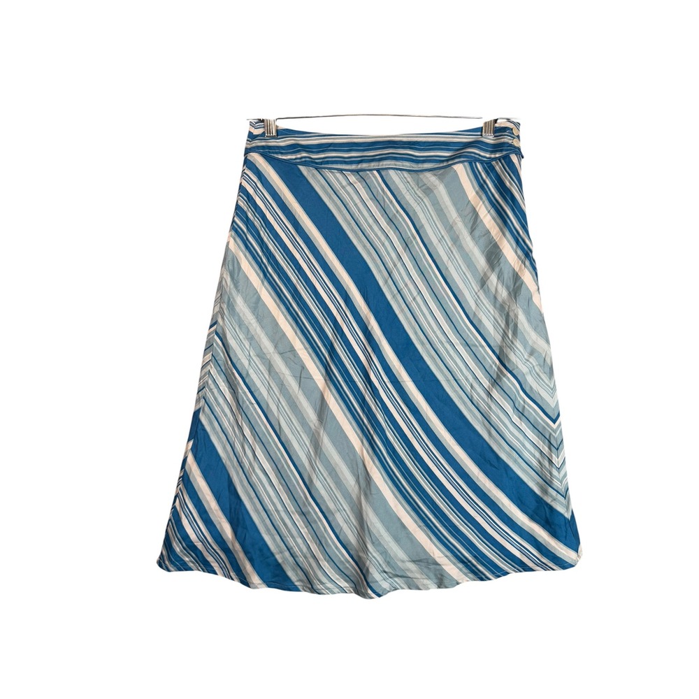 Blue Striped A-Line Midi Skirt Side Zip Button Waist Diagonal Pattern Women L